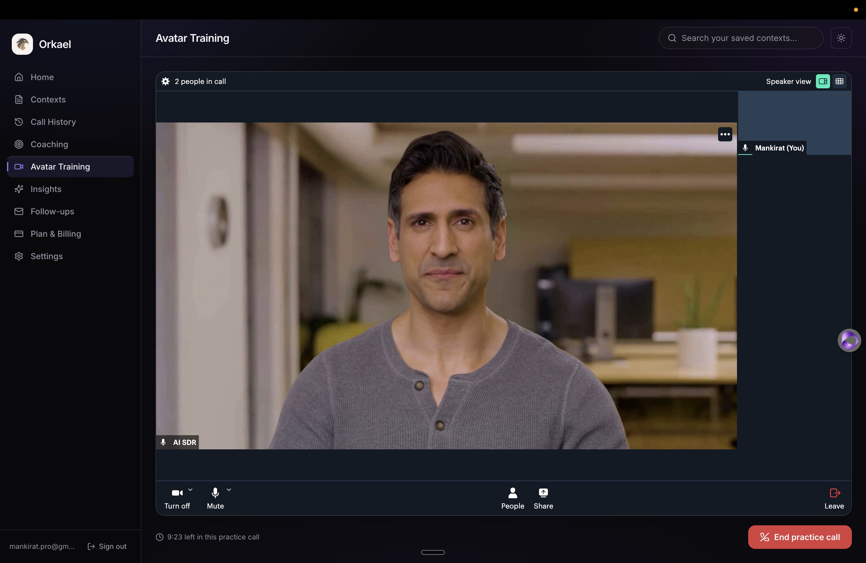 Orkael Avatar Training: a live practice call with an AI sales prospect